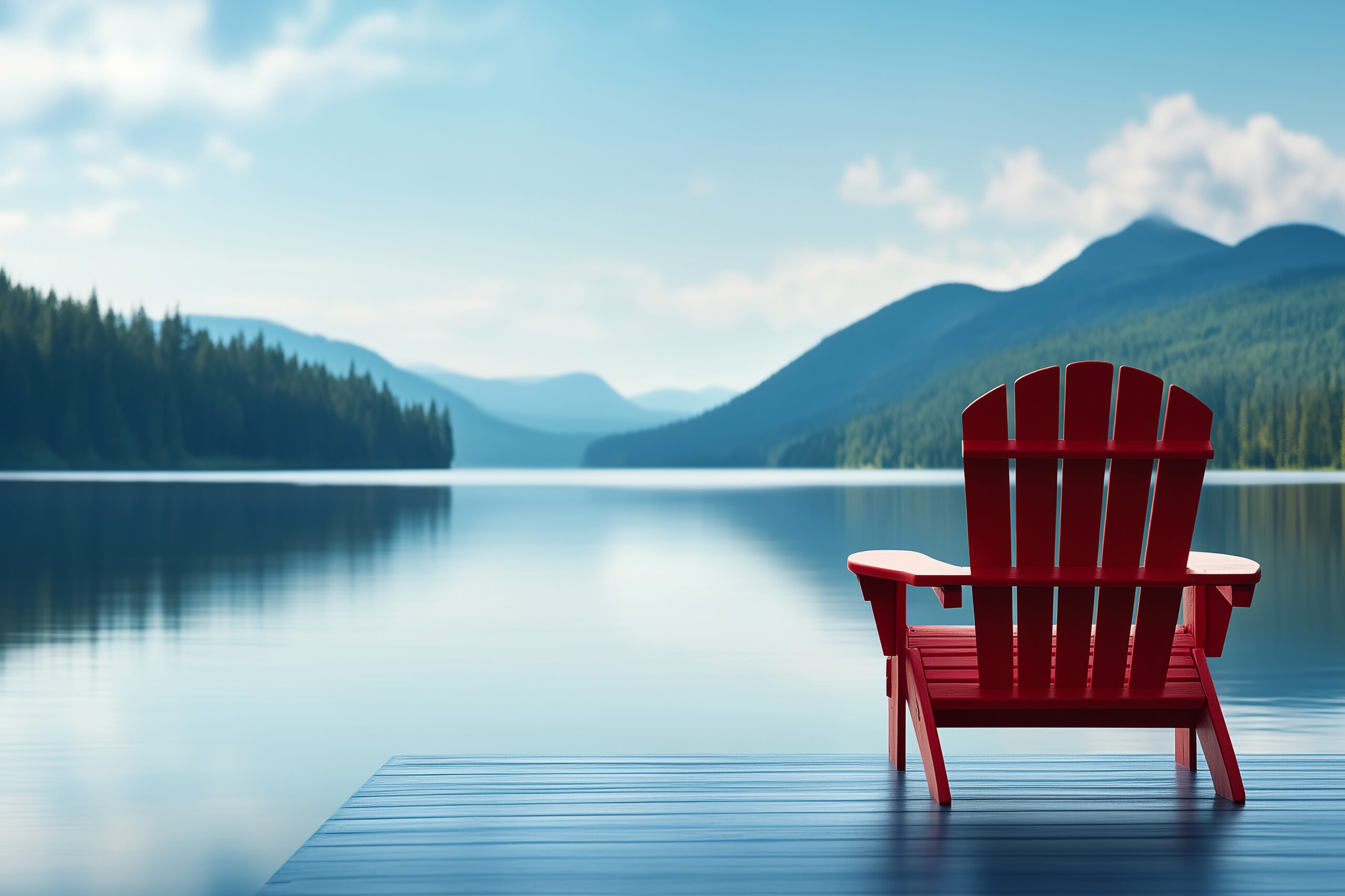 An empty red chair on some decking overlooking a lake with mountains.